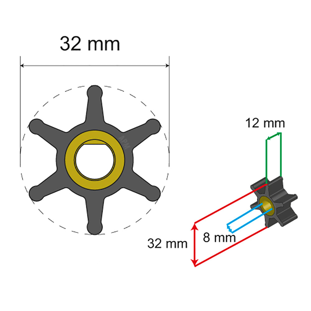 Albin Pump Premium Impeller Kit - 32 x 8 x 12mm - 6 Blade - Single Flat Insert [06-01-001]