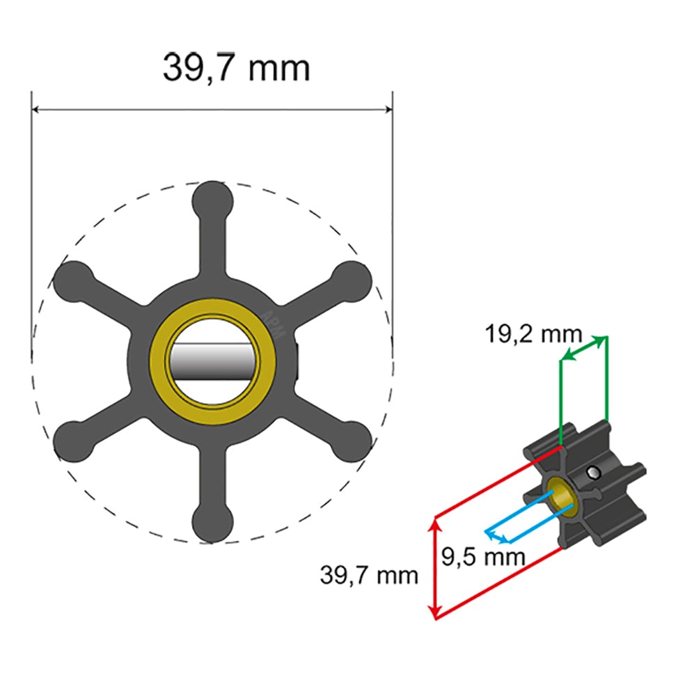 Albin Pump Premium Impeller Kit - 39.7 x 9.5 x 19.2mm - 6 Blade - Pin Insert [06-01-003]