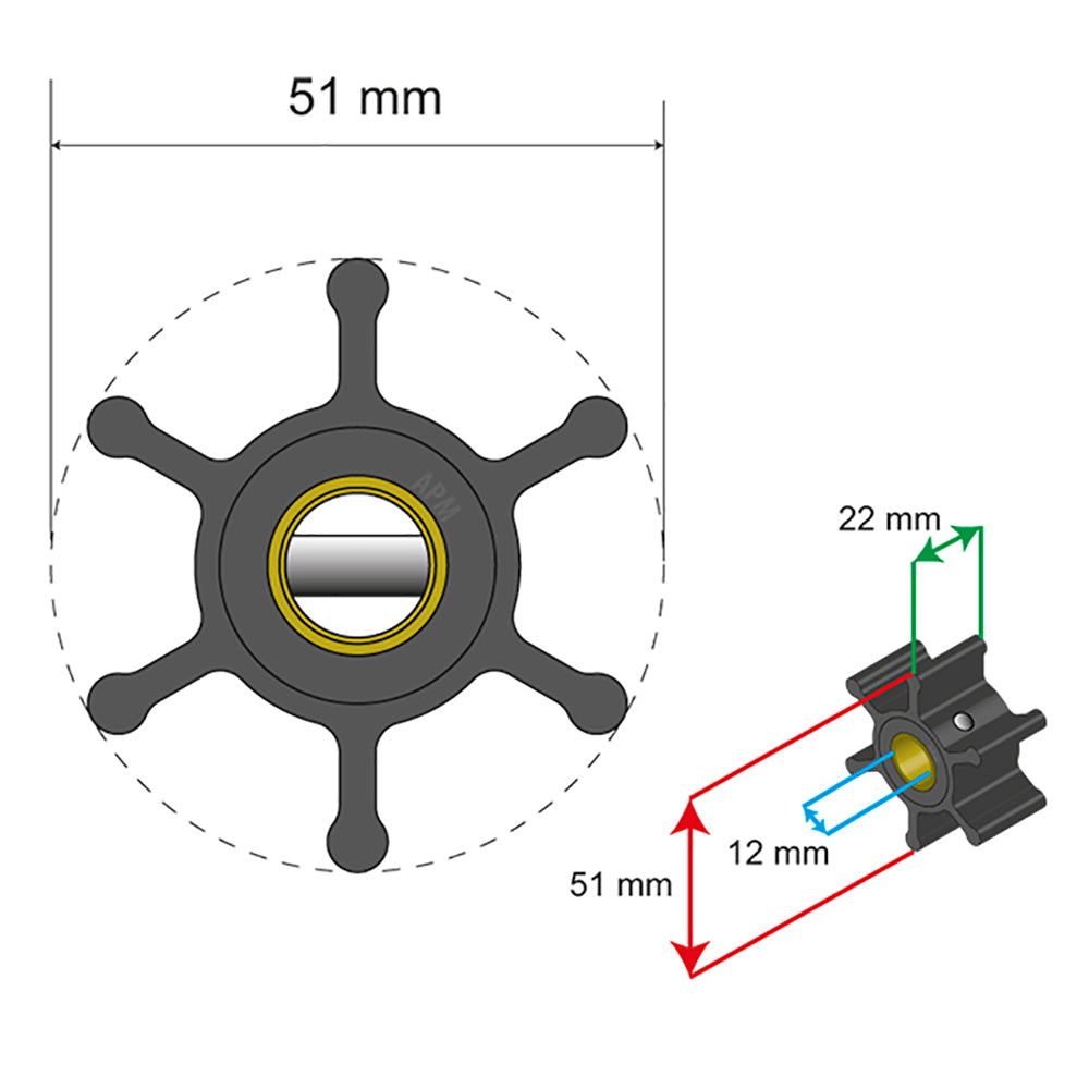 Albin Pump Premium Impeller Kit - 51 x 22 x 12mm - 6 Blade - Pin Insert [06-01-005]