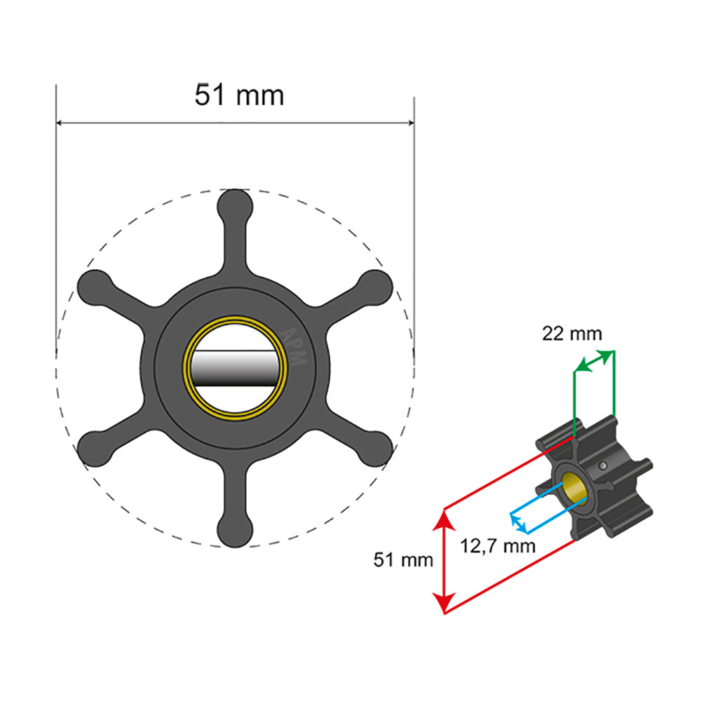 Albin Pump Premium Impeller Kit - 51 x 22 x 12.7mm - 6 Blade - Pin Insert [06-01-006]