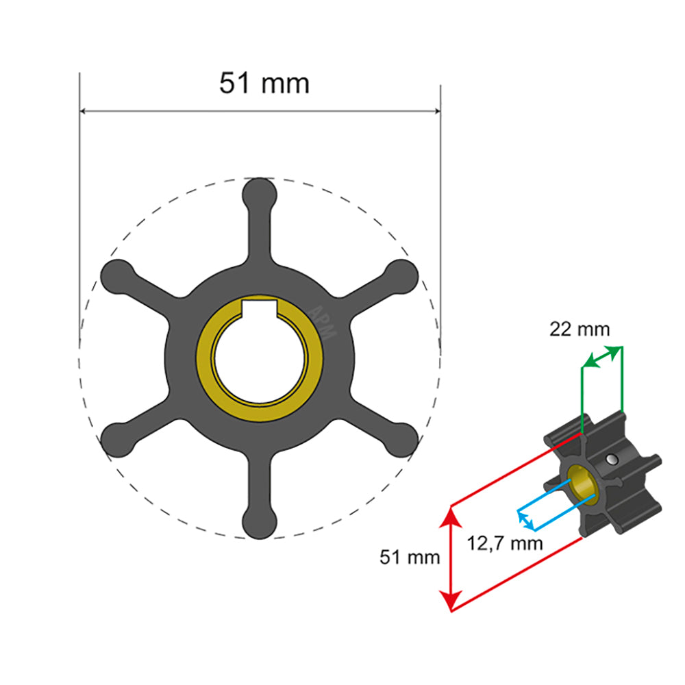 Albin Pump Premium Impeller Kit - 51 x 12.7 x 22mm - 6 Blade - Key Insert [06-01-007]