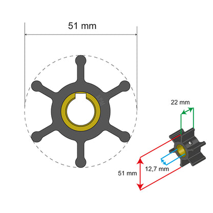 Albin Pump Premium Impeller Kit - 51 x 12.7 x 22mm - 6 Blade - Key Insert [06-01-007]