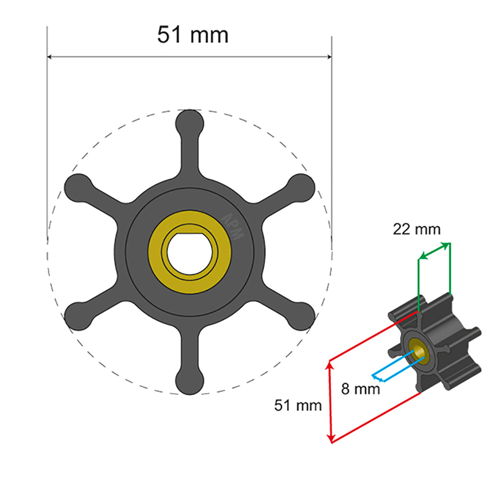 Albin Pump Premium Impeller Kit - 51 x 8 x 22mm - 6 Blade - Single Flat Insert [06-01-008]