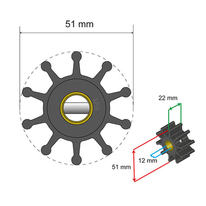 Albin Pump Premium Impeller Kit - 51 x 12 x 22mm - 10 Blade - Pin Insert [06-01-010]