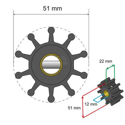 Albin Pump Premium Impeller Kit - 51 x 12.7 x 22mm - 10 Blade - Pin Insert [06-01-011]