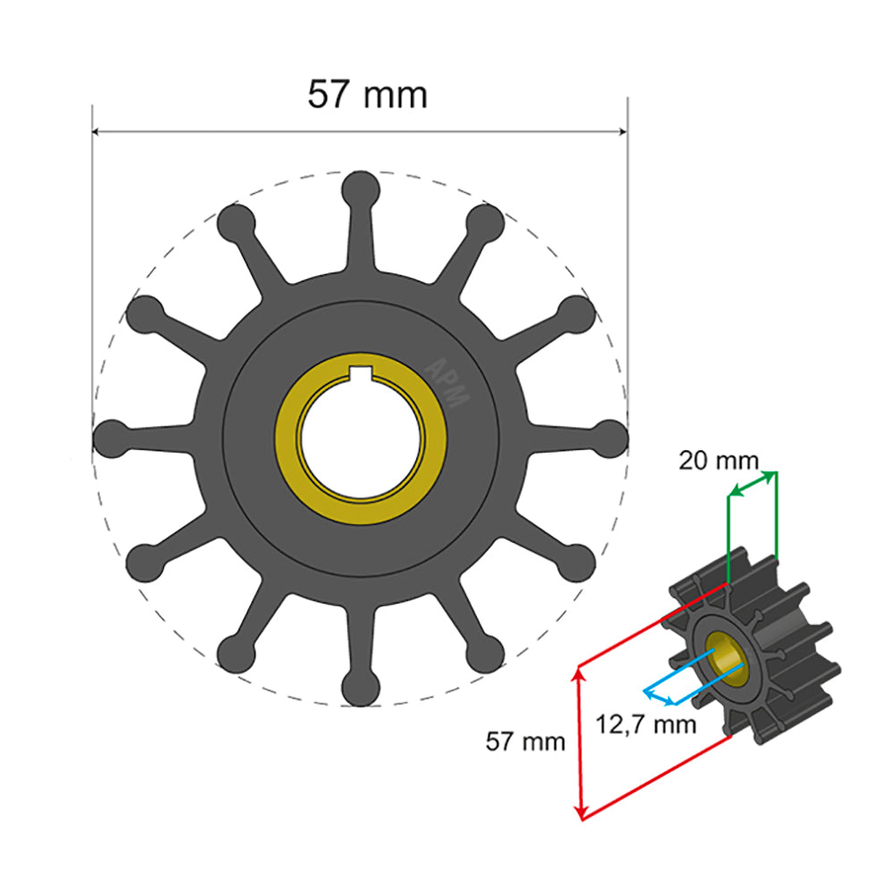 Albin Pump Premium Impeller Kit 57 x 12.7 x 20mm - 12 Blade - Key Insert [06-01-013]