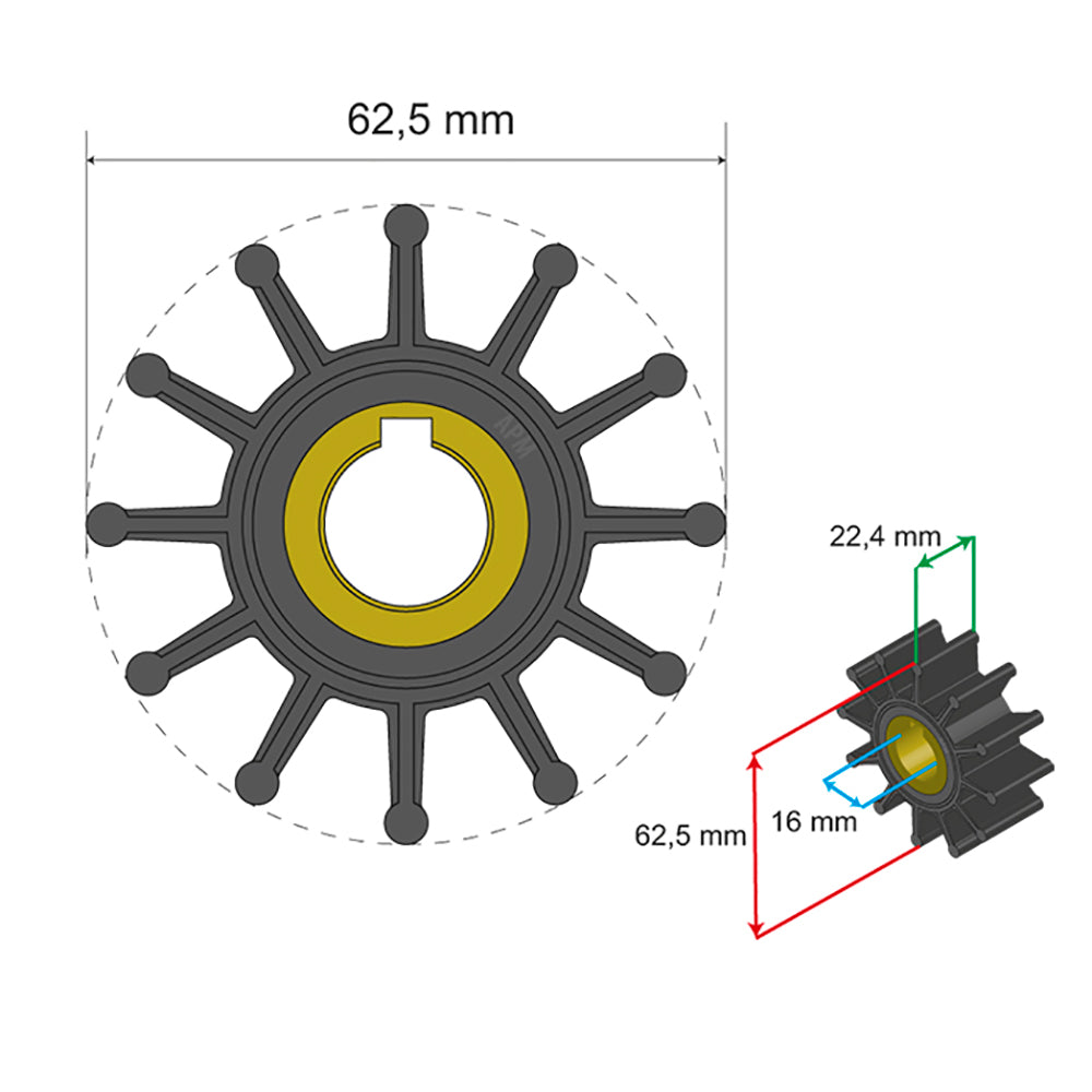 Albin Pump Premium Impeller Kit 62.5 x 16 x 22.4mm - 12 Blade - Key Insert [06-01-015]