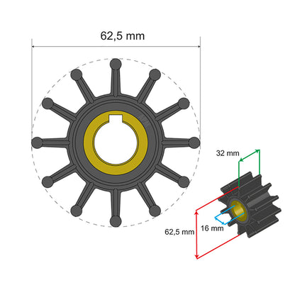 Albin Pump Premium Impeller Kit 62.5 x 16 x 32mm - 12 Blade - Key Insert [06-01-016]