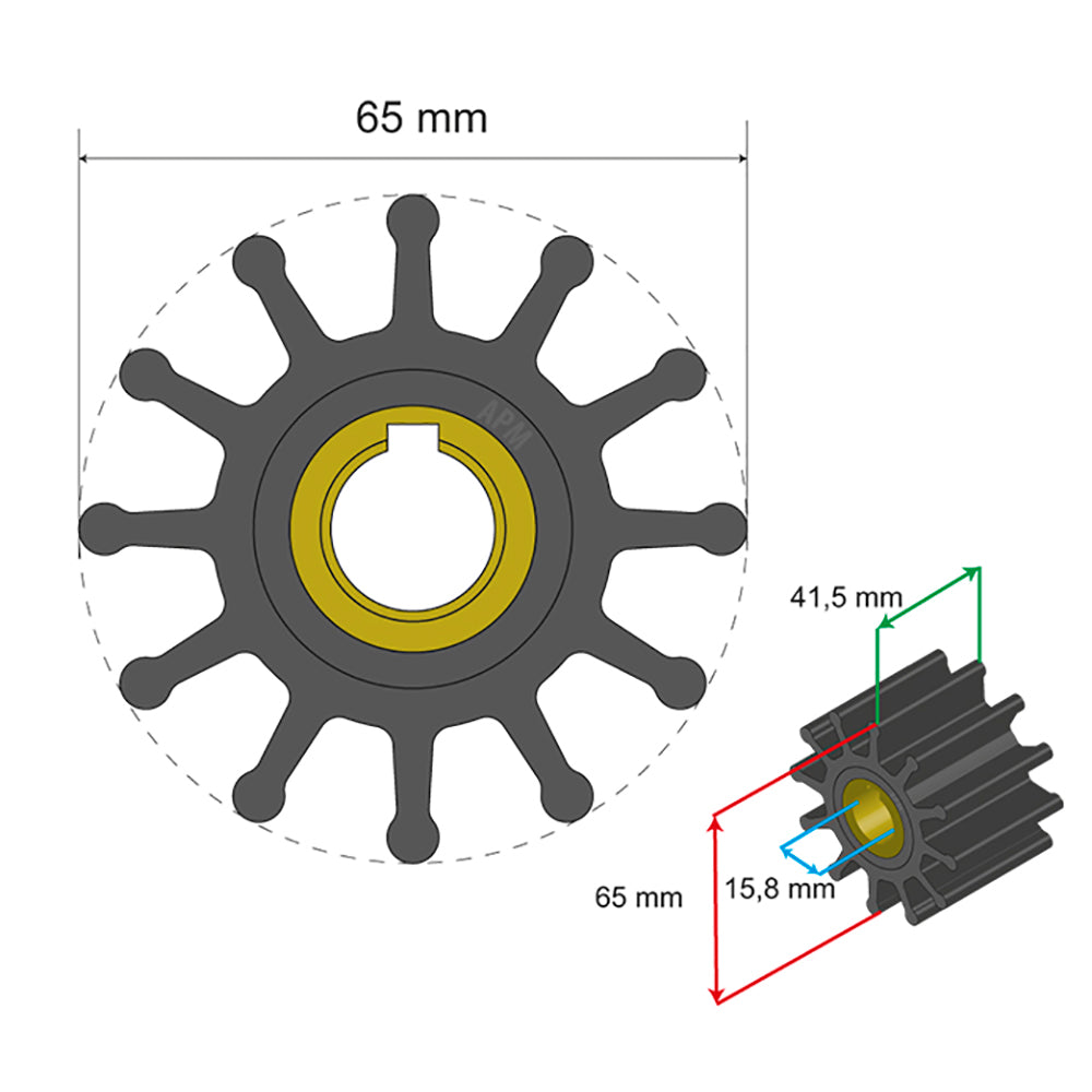 Albin Pump Premium Impeller Kit 65 x 15.8 x 41.5mm - 12 Blade - Key Insert [06-01-018]