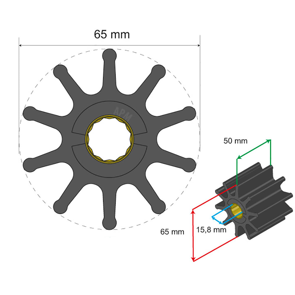 Albin Pump Premium Impeller 65 x 15.8 x 50mm - 10 Blade - Spline Insert [06-02-023]