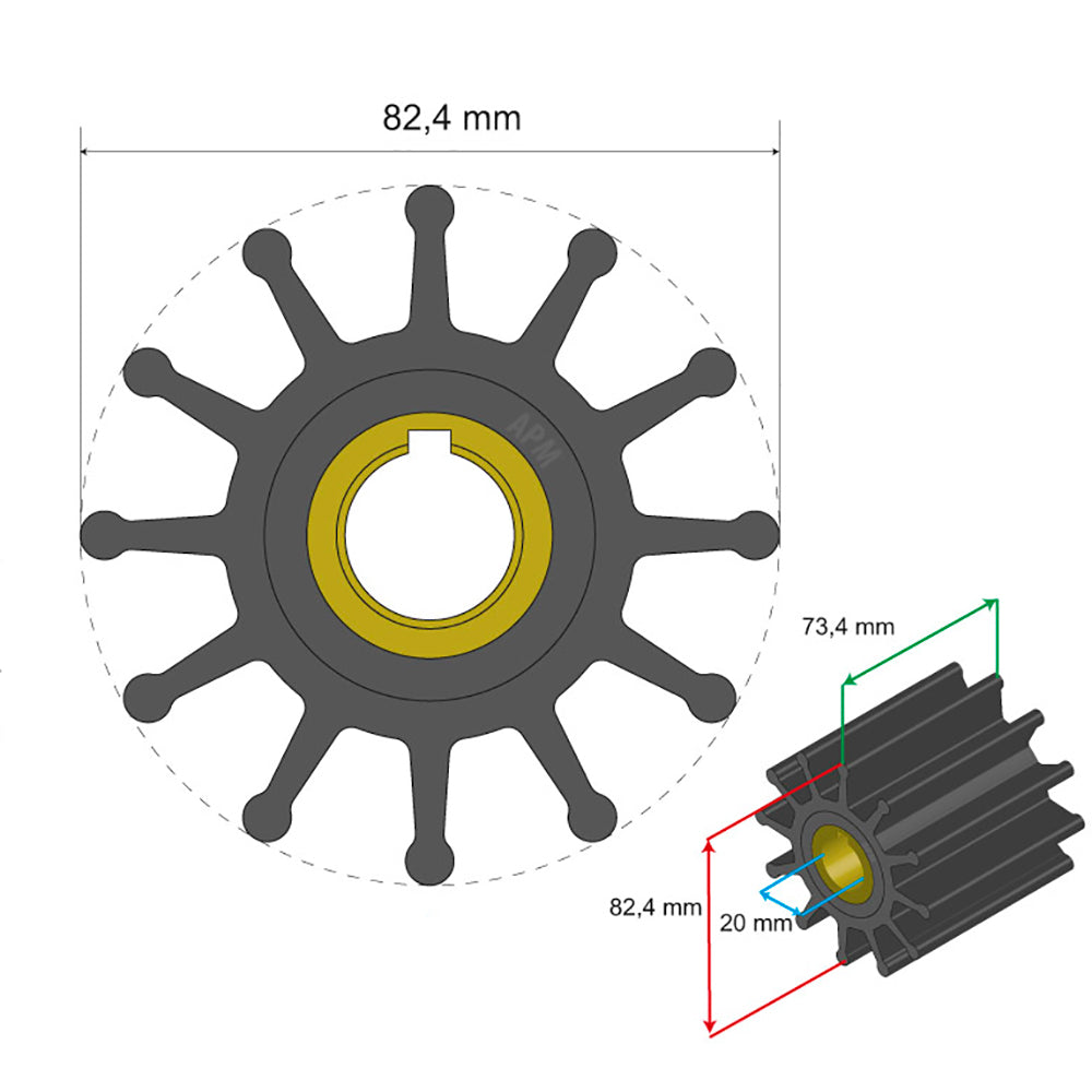 Albin Pump Premium Impeller Kit 82.4 x 20 x 73.4mm - 12 Blade - Key Insert [06-02-025]