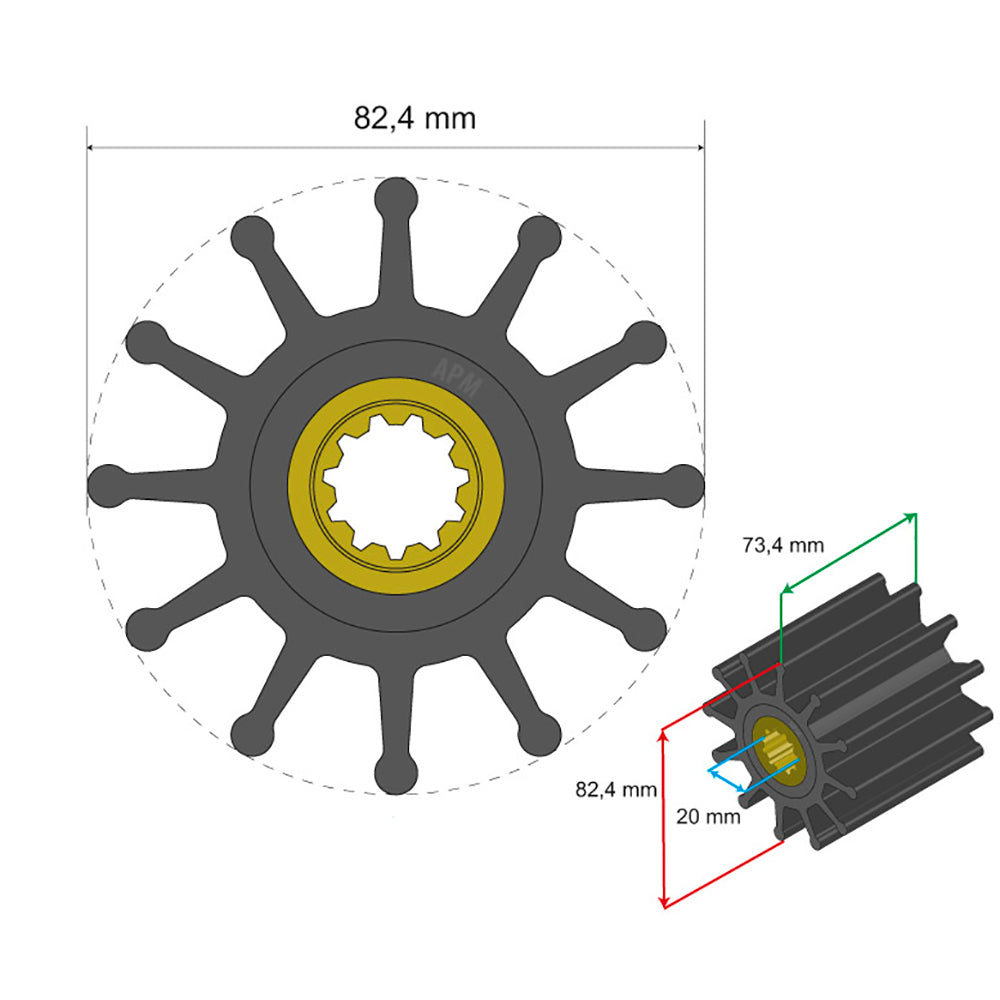 Albin Pump Premium Impeller Kit 82.4 x 20 x 73.4mm - 12 Blade - Spline Insert [06-02-026]