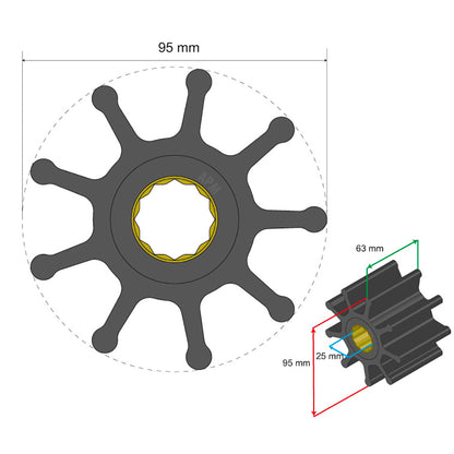 Albin Pump Premium Impeller Kit 95 x 25 x 63mm - 9 Blade - Spline Insert [06-02-027]