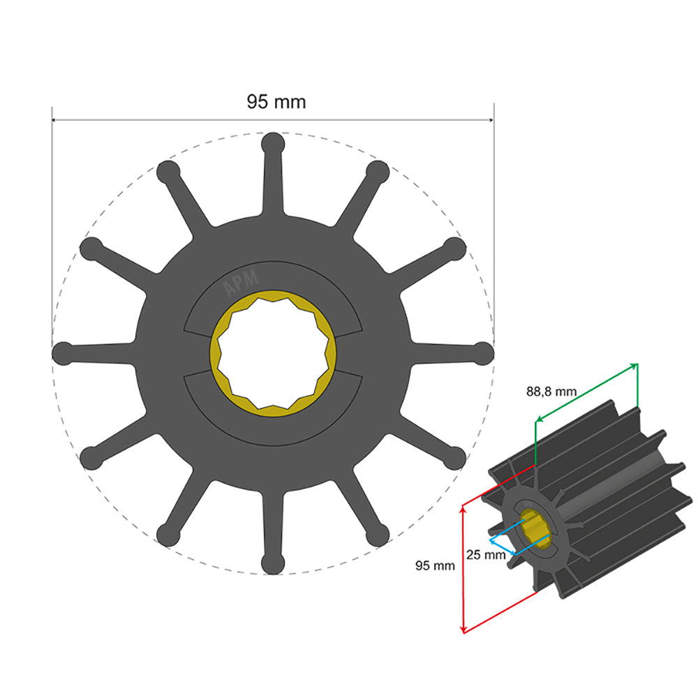 Albin Pump Premium Impeller Kit 95 x 25 x 88.8mm - 12 Blade - Spline Insert [06-02-031]