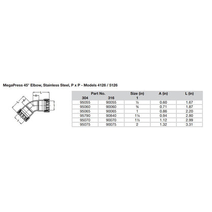 Viega MegaPress 3/4" 45 Stainless Steel 304 Elbow - Double Press Connection - Smart Connect Technology [95060]